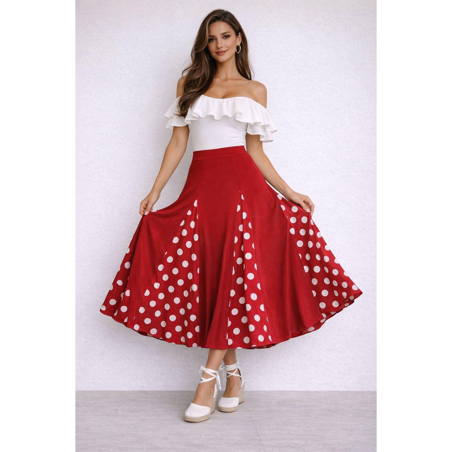 Conjunto Flamenco Mujer Falda roja Lunares + Blusa Blanca con Volantes – Outfit Sevillana con Espartos, Ideal Feria y Baile Flamenco