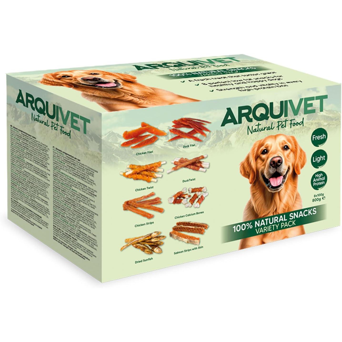Arquivet - Snacks naturales para perros ARQUIVET Variety Pack de 8 bolsas de 100 g cada una, textura tierna y crujiente, 100% ingredientes naturales sin conservantes ni colorantes artificiales