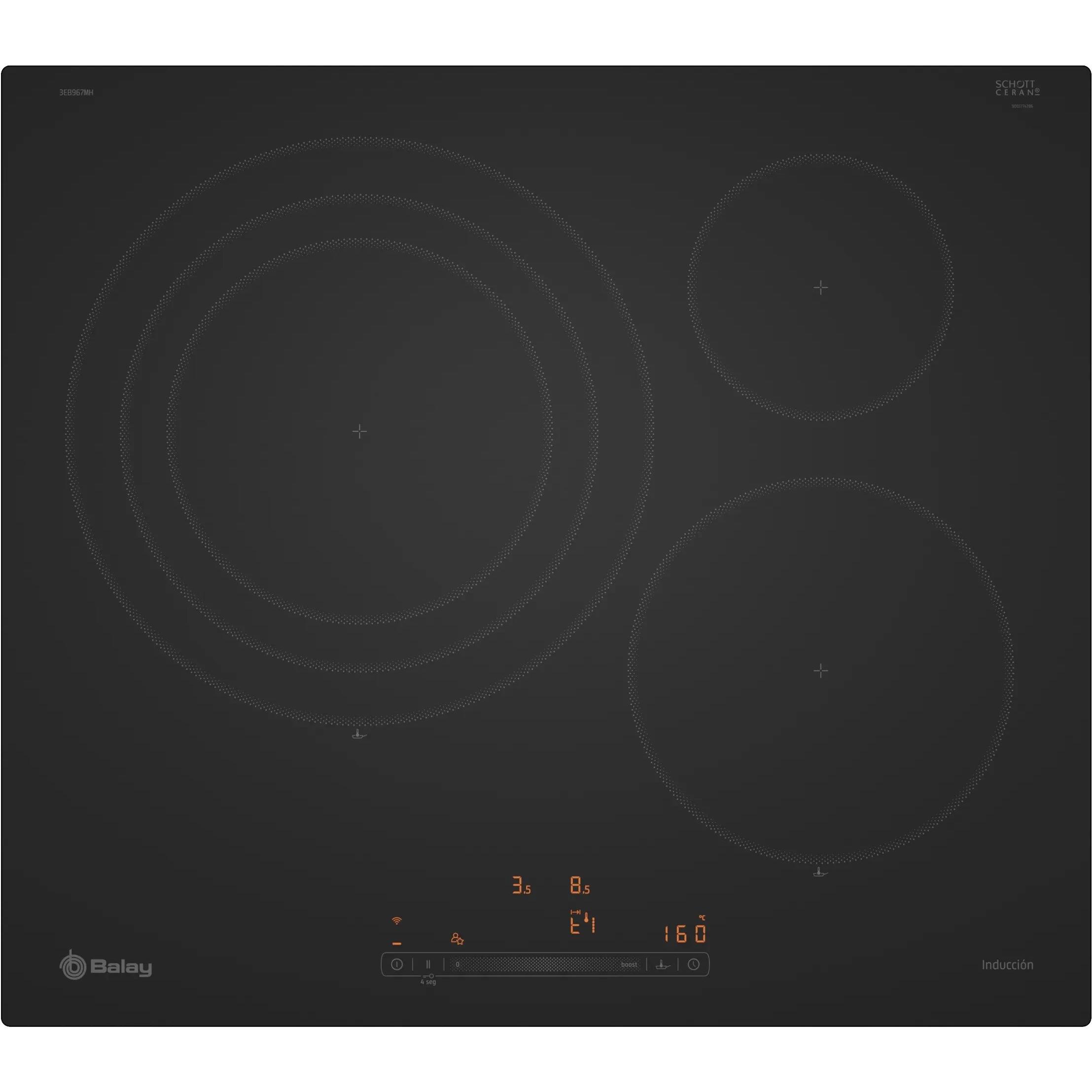Placa de Inducción 60cm BALAY 3EB967MH  | zonas 3, Fuego 32cm, 7,4W, Negro mate, Control Deslizante