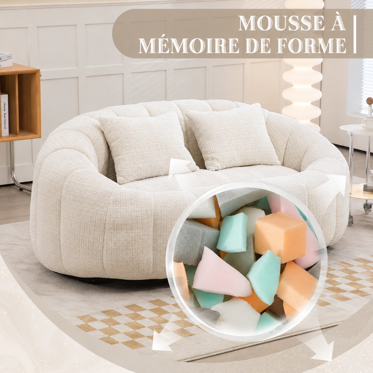 Fauteuil lounge beige en chenille, pouf canapé paresseux avec rembourrage en mousse haute densité