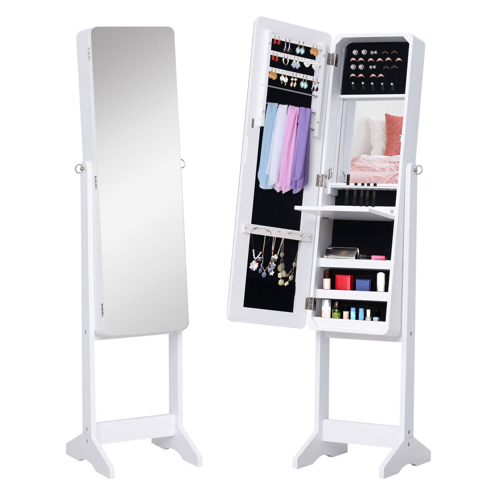 HOMCOM Joyero de Pie con Espejo Armario para Joyas Luces LED Reclinable Guardajoyas Anillos Pendientes Collares Madera 34x36x146cm Blanco