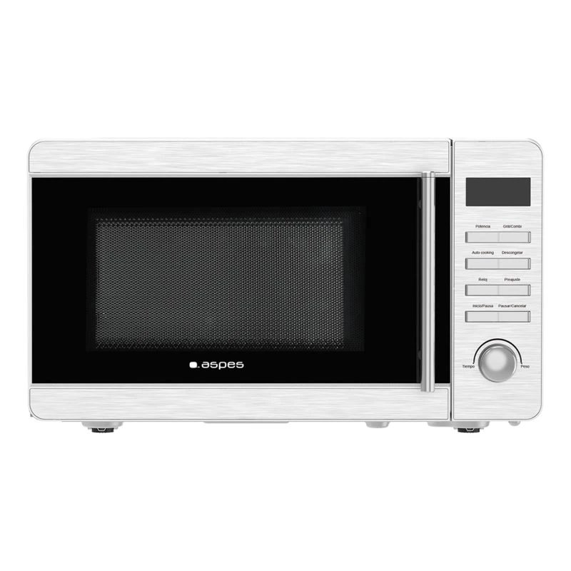 Aspes - Microondas AMW2701DGX de 20 L y 700 W con grill de 800 W, función Auto Cooking y diseño inox con detalles blancos para cocina moderna