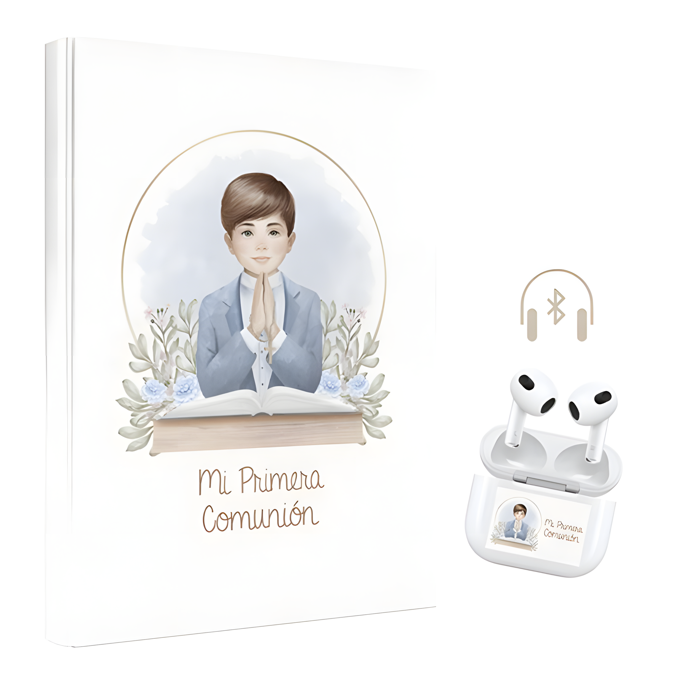 LIBRO DE FIRMAS Y ALBÚM DE FOTOS NIÑO ORLA PRIMERA COMUNIÓN, CON AURICULARES INALÁMBRICOS DE REGALO
