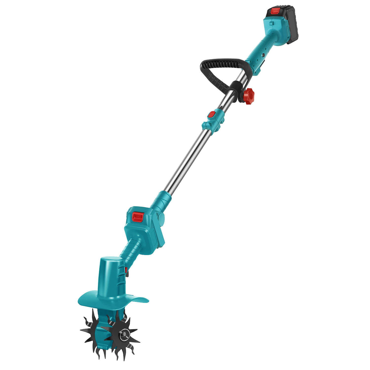 Mini cultivador eléctrico de jardín inalámbrico 21V con doble batería de 15000 mAh. Incluye mango largo y 2 pares de cuchillas.