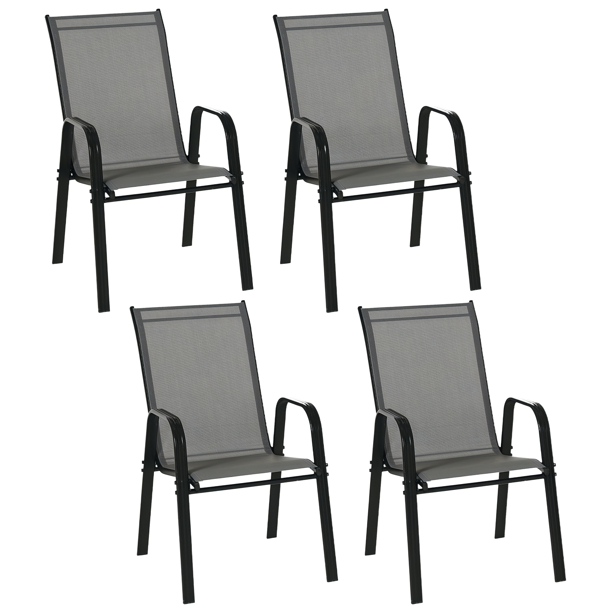 Outsunny Juego de 4 Sillas de Jardín Exterior Sillas Terraza Exterior Apilables Sillón de Comedor con Tela Transpirable Marco de Metal Reposabrazos y Respaldo 54x75,5x95 cm, Gris Oscuro