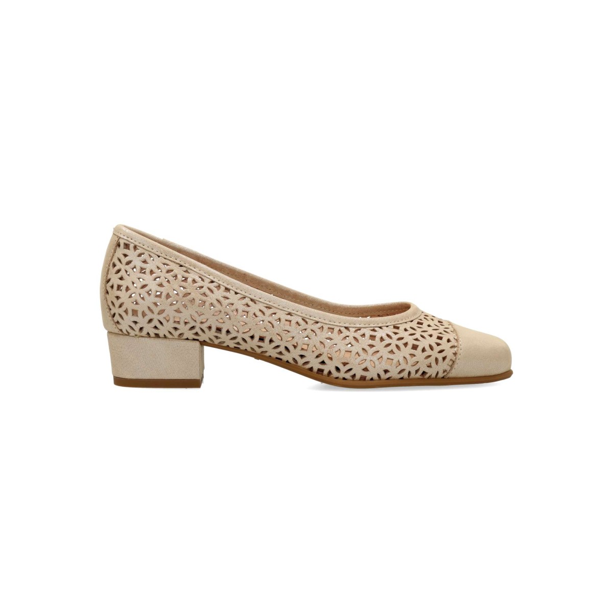 Vanessa Calzados - Zapato salón tipo bailarina VANESSA en piel troquelada, cómodo y transpirable con tacón ancho de 3 cm y plantilla acolchada