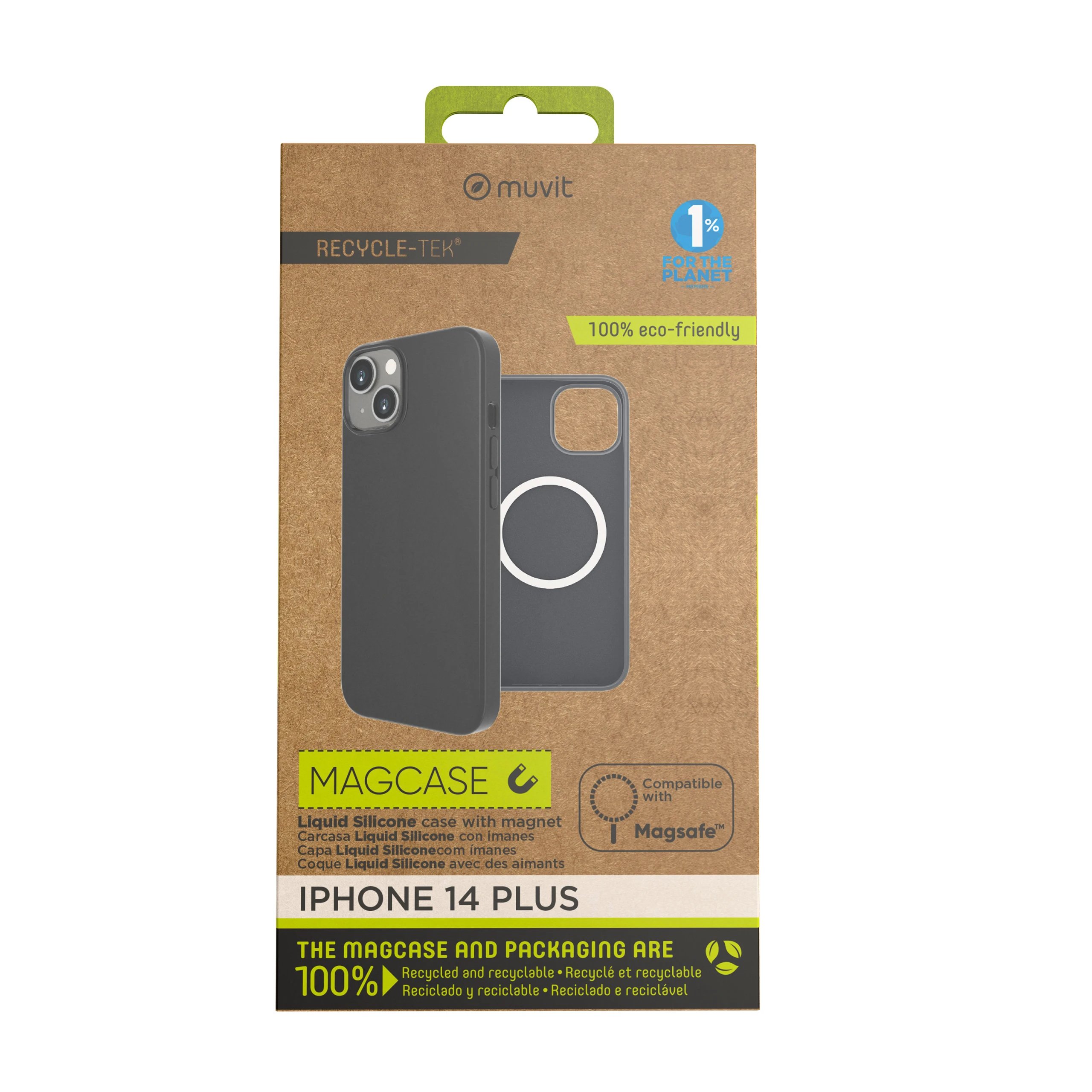 Muvit - Funda Recycletek de silicona líquida para iPhone 14 Plus con compatibilidad MagSafe, protección integral y ajuste preciso color negro
