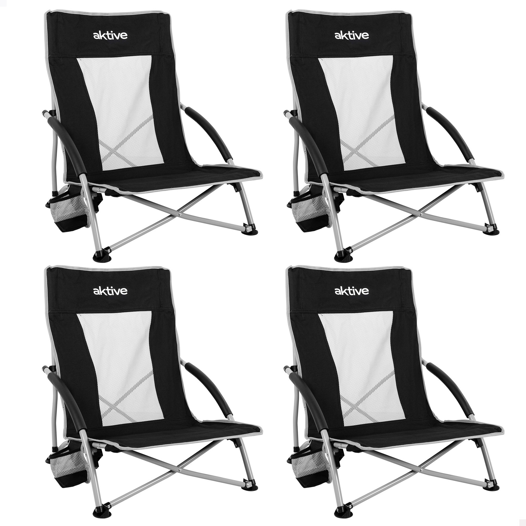 Aktive Pack 4 sillas plegables camping bajas 50x51x67 cm negras con posavasos
