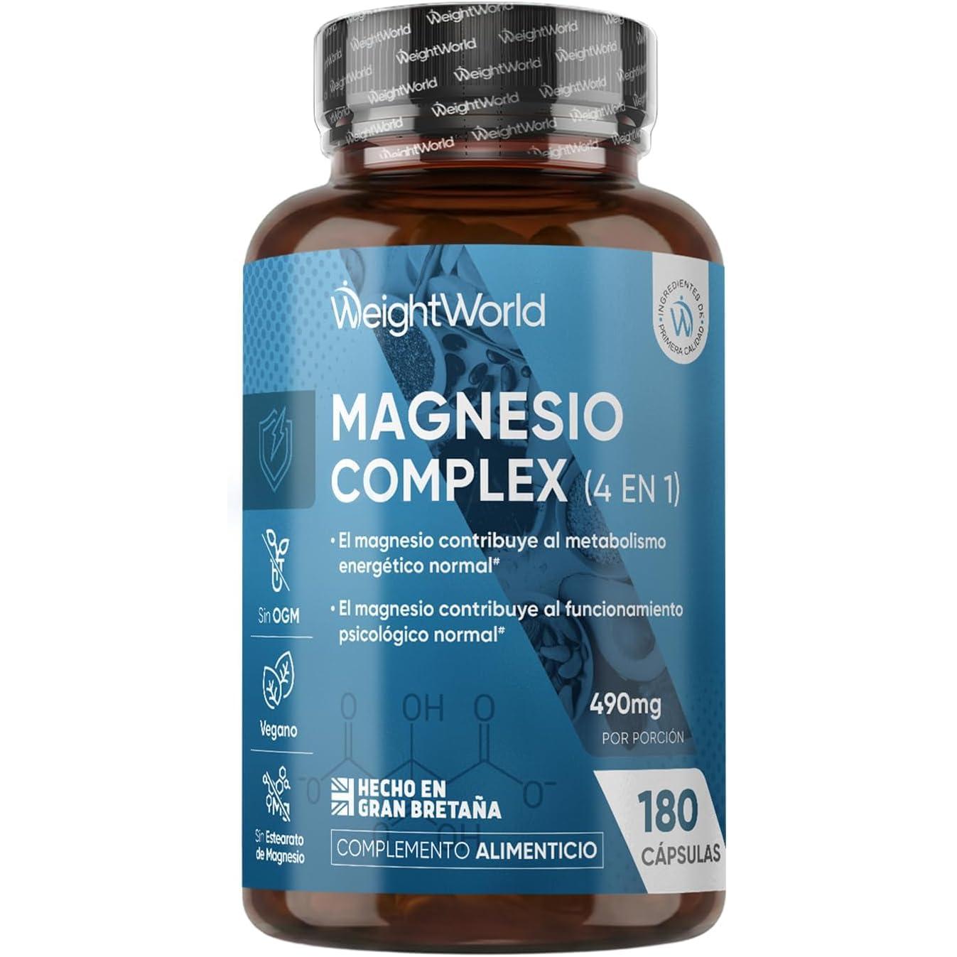 Magnesio Complex 1700mg, 180 Cápsulas Veganas, 400mg de Magnesio Elemental - 3 Meses de Suministro, Con Bisglicinato, Citrato, Malato y Taurato - 90mg de Leucina, Sin Estearato de Magnesio ni OGM WeightWorld
