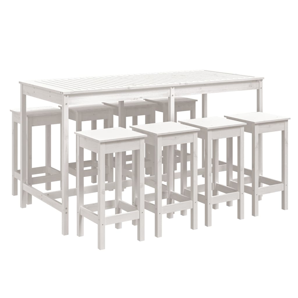 vidaXL Mesa y taburetes altos jardín 9 pzas madera maciza pino blanco