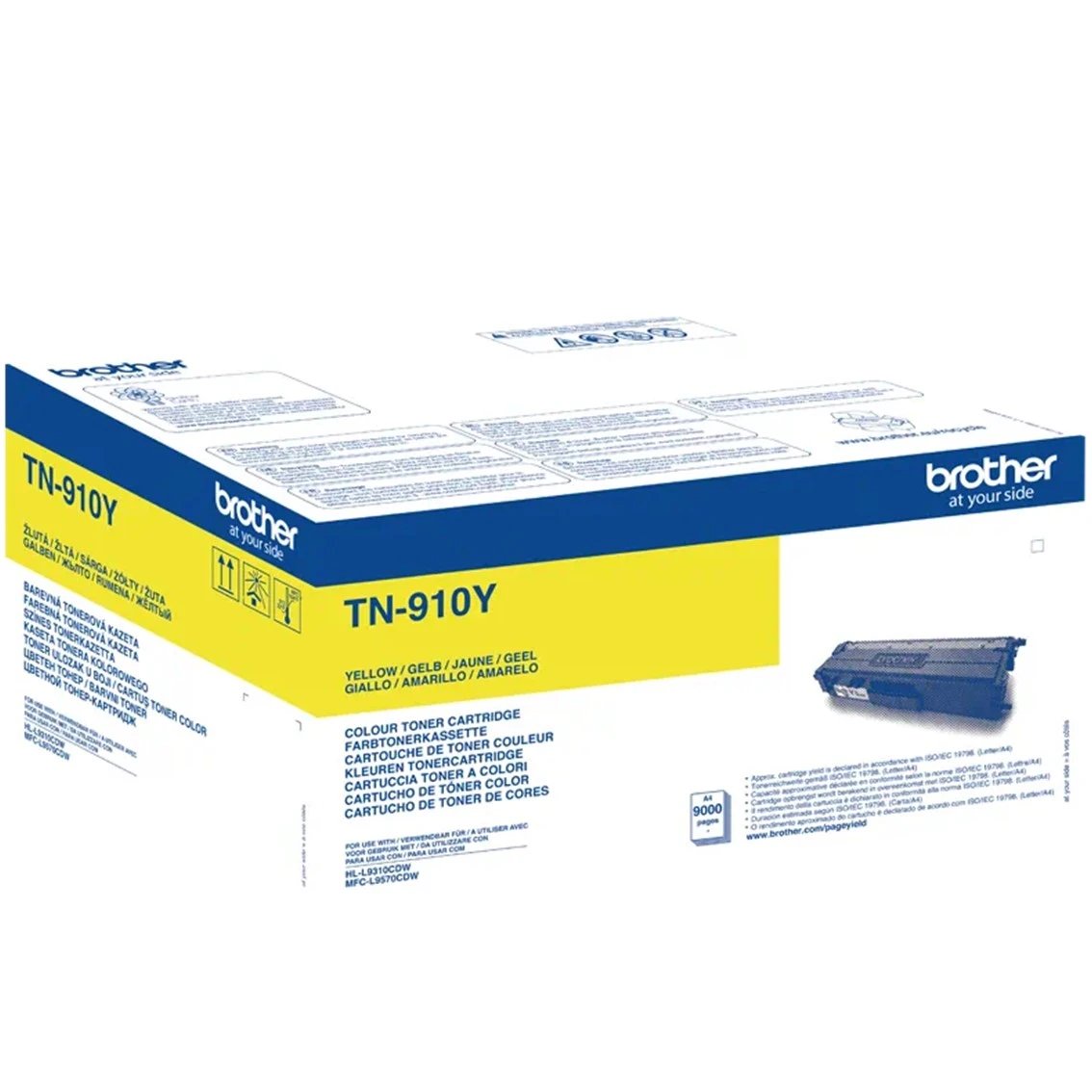 Brother - Tóner TN910Y amarillo para impresoras Brother, rendimiento profesional hasta 9000 páginas, alta fidelidad de color y fácil instalación
