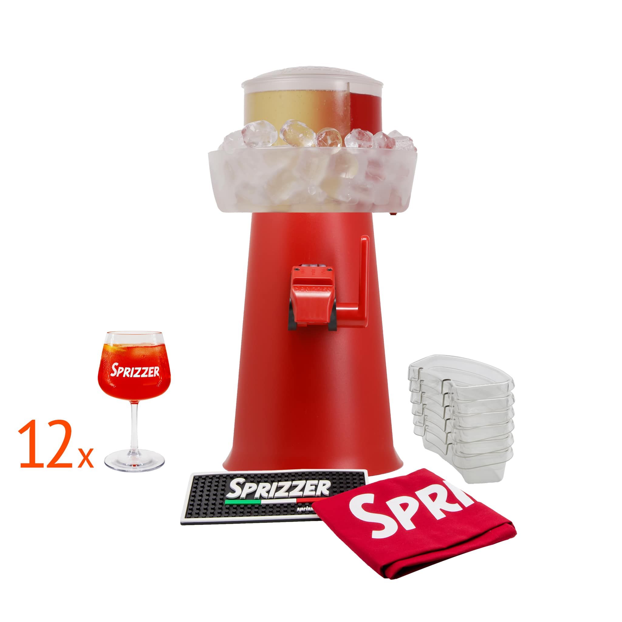 SPRIZZER Kit completo en plástico rojo con máquina Sprizzer 12 vasos bolsa roja 6 bandejas Aperibox y tapete para aperitivos SPRIZZER-ROSSO-KIT-COMPLETO