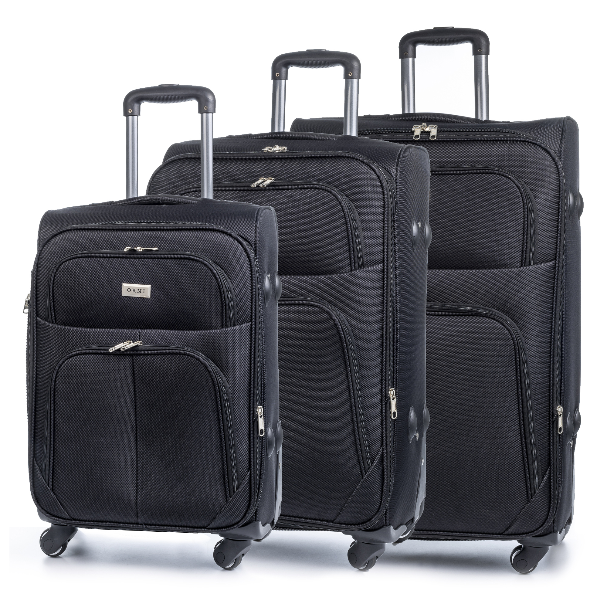 DAM Juego de 3 maletas Trolley extensibles de tela, semirrígidas. Cerradura numérica, 4 ruedas giratorias 360°. 45x29x75 Cm.