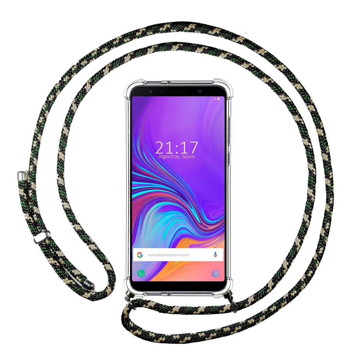 Tumundosmartphone Funda Colgante Transparente para Samsung Galaxy A7 (2018) con Cordon Verde / Dorado
