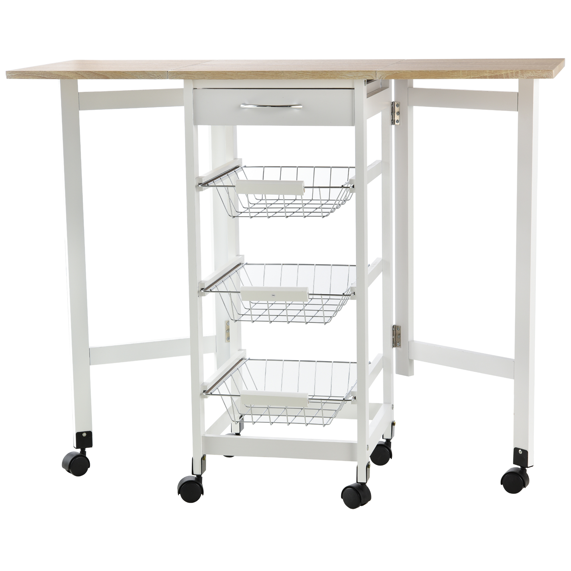 HOMCOM Carrito de Cocina Plegable Carrito Auxiliar con 6 Ruedas 1 Cajón y 3 Cesta de Metal Carro de Servicio Multifuncional para Almacenamiento Carga 50 kg 97,2x37x77,5 cm Blanco y Roble