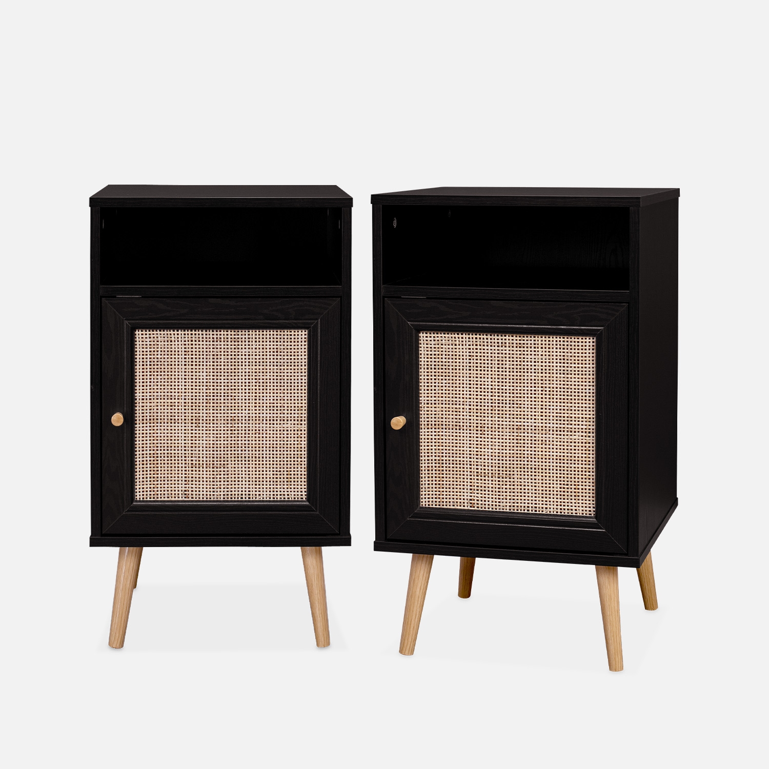 sweeek - Mesita de noche escandinava con efecto madera y caña, set de 2 , Boheme , 39x40x70