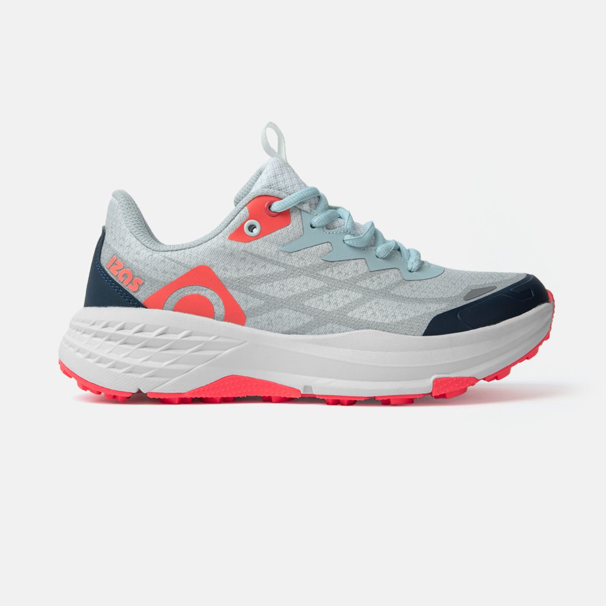 Izas - Zapatillas de Trail Running para Mujer - Deportivas con Suela Alta - Cierre de Cordones - Puntera y Talonera Reforzadas - Elásticas, Ligeras y Resistentes - Eagle Azul y Coral - Talla 36