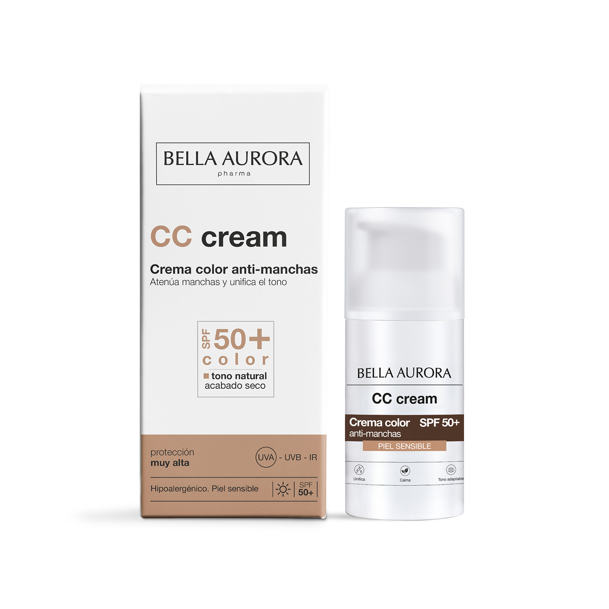 Bella Aurora CC Cream Antimanchas SPF50+ con Color Tono Natural | Piel Sensible | Protección Solar UVA, UVB, HEV e IR | Unifica el Tono | 30 ml