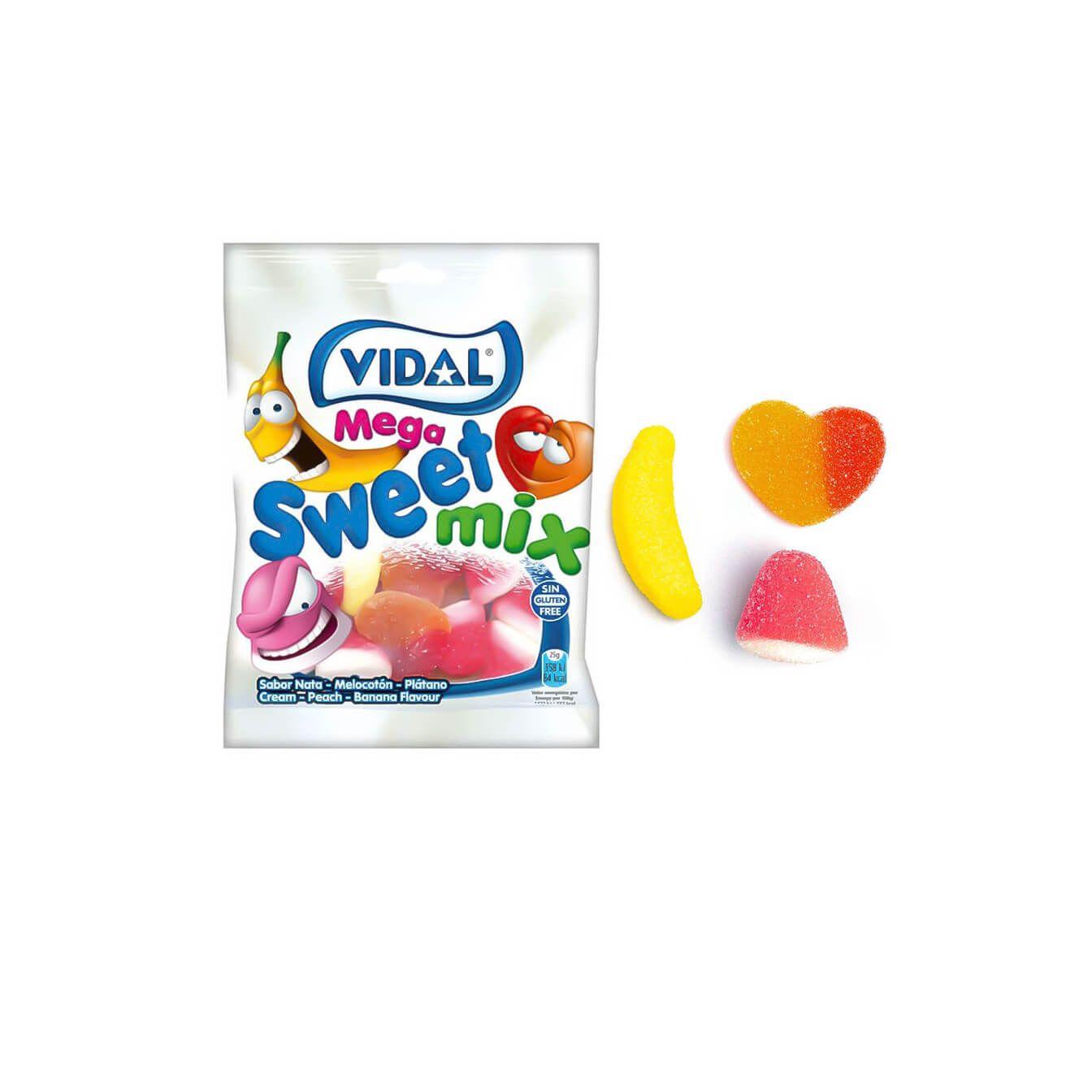 Golosinas Vidal Megasurtido Azúcar 14 bolsas de 90 g - Golosinas Vidal cubiertas de azúcar: corazones de melocotón, besos de fresa-nata y bananas que harán las delicias de toda la familia