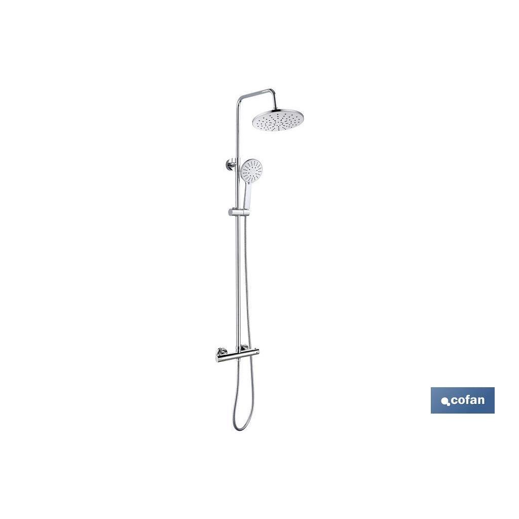Columna de Ducha Redonda Cofan | Grifo Termostático con 5 Funciones | Mango + Flexo + Barra Deslizante + Rociador | Baño