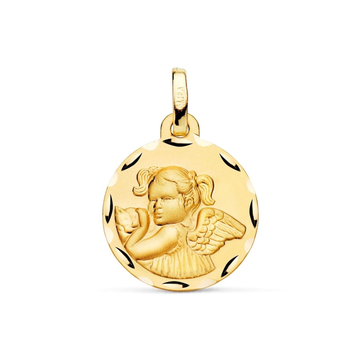 Medalla oro 18k Ángel Niña 16mm. detalle cerco tallado