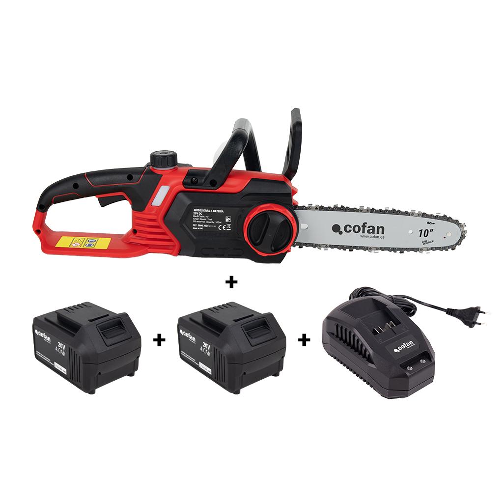 Cofan Motosierra Kit con 2 Baterías de Litio | Sin Escobillas | 20V 4.0 Ah | Espada 10 | Corte Rápido | Engrase Automático