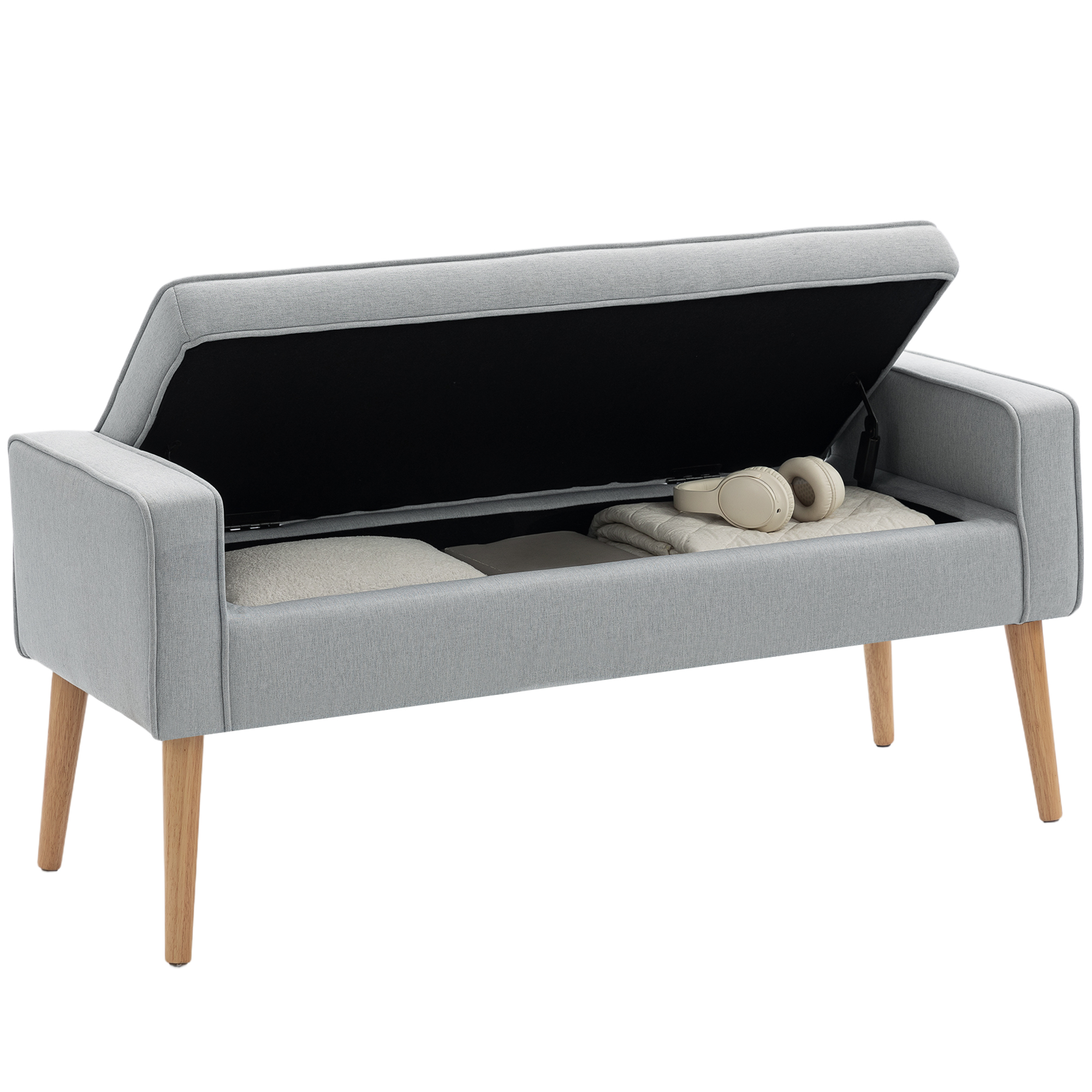 HOMCOM Puff Almacenaje Banco Almacenaje Tapizado en Lino Sintético con Tapa Abatible y Patas de Madera para Dormitorio Salón Entrada Carga 120 kg 120x45x54 cm Gris Claro