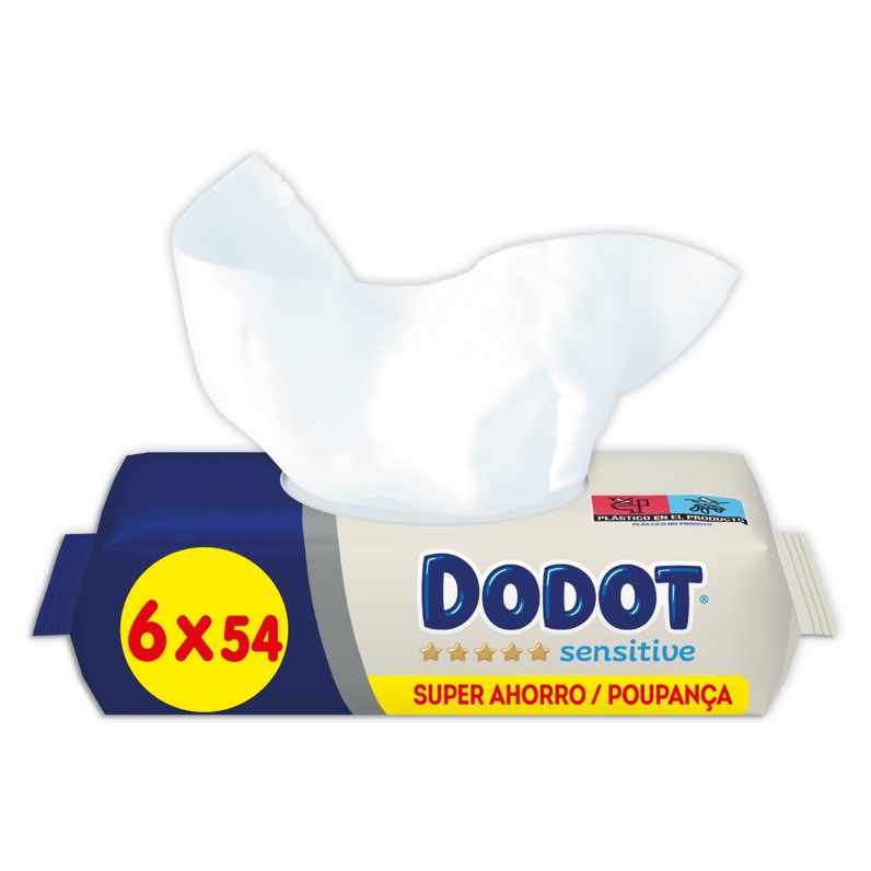 Dodot - Dodot Toallitas Sensitive para Bebé, sin perfume con PH natural y fibra de origen Vegetal, 6x54= 324 uds*