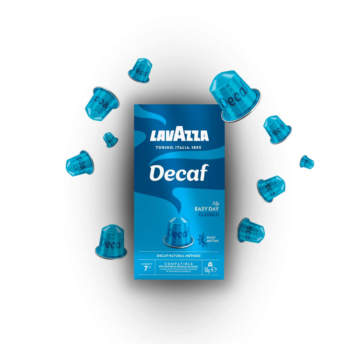 Cápsulas de café Lavazza compatibles con Nespresso Descafeinado, notas de frutas secas y chocolate, arábica y robusta, intensidad 7/13, tostado. De aluminio.