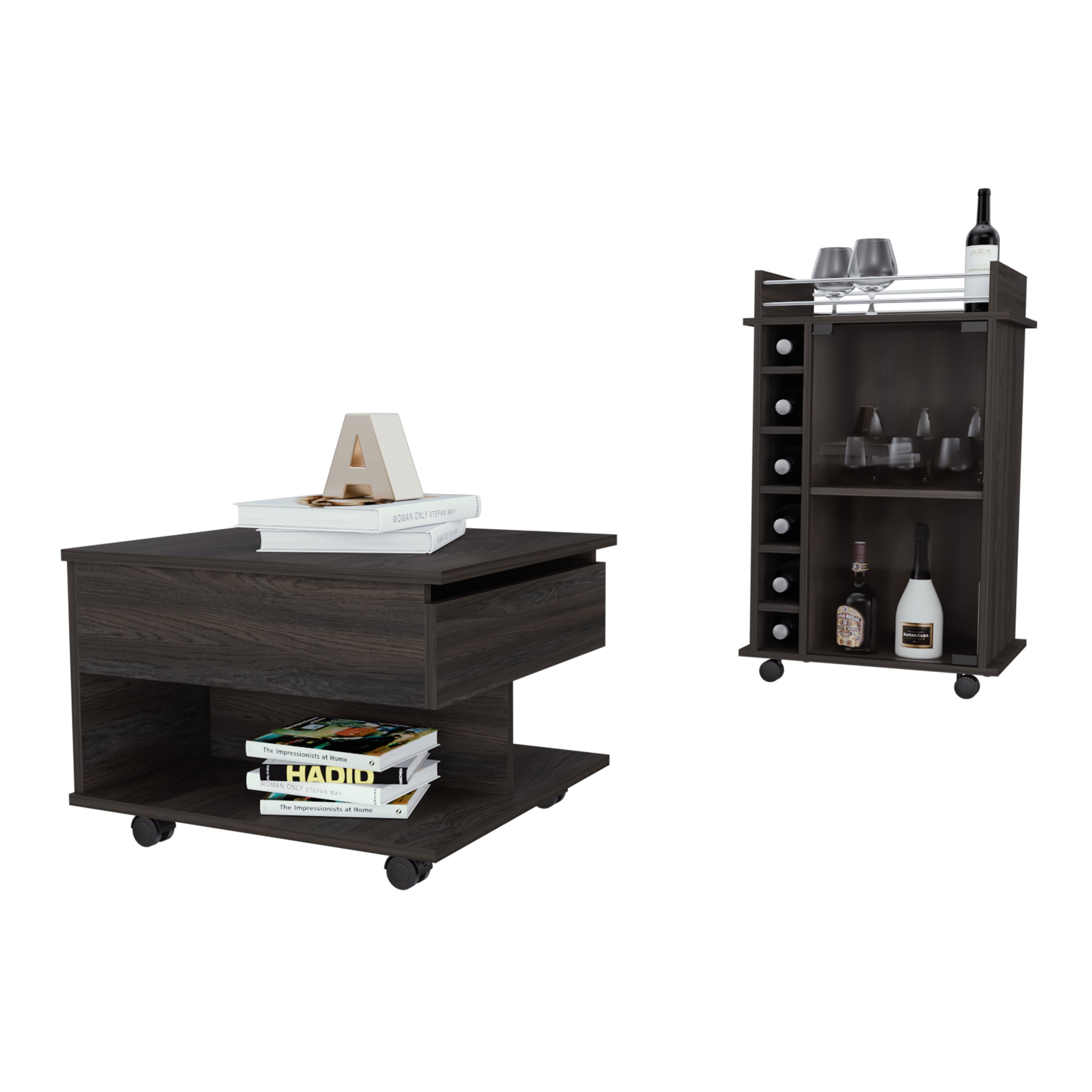 TUHOME Conjunto Riverside de Salón, Carrito de Bar + Mesa de Centro Elevable, Carbón