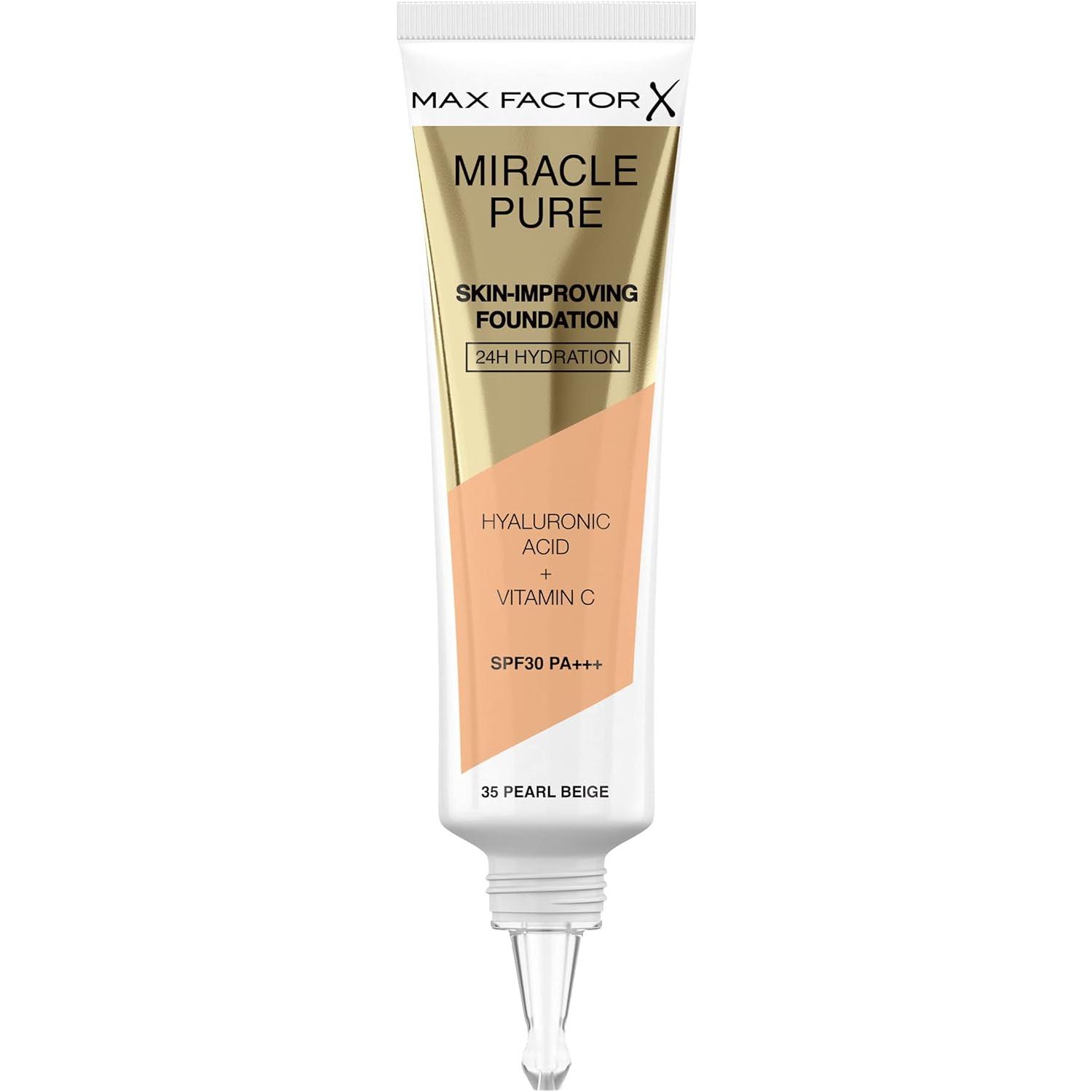 Max Factor Miracle Pure - Base de Maquillaje, Tono 35 Pearl Beige, 30ml - Cuida y Mejora Tu Piel - 89% Ingredientes que Cuidan - Firmeza y Radiante - Hidratación 24h - Cobertura Media Modulable