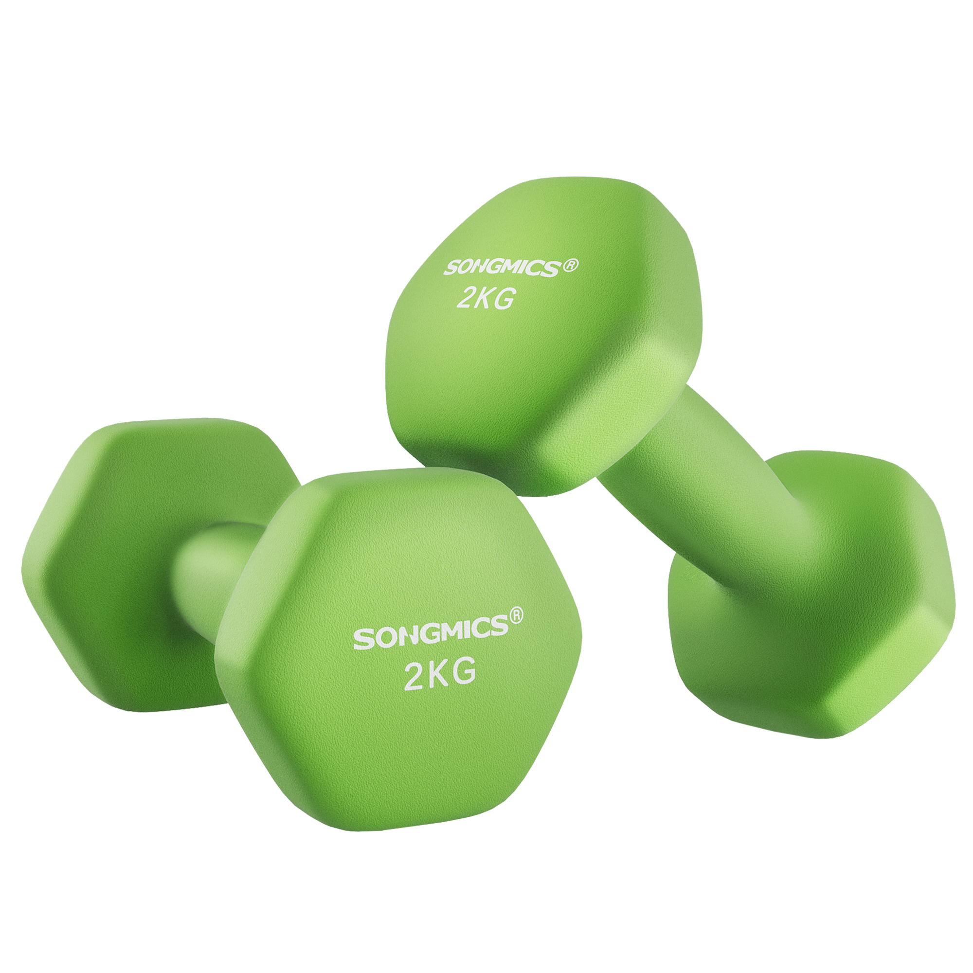 SONGMICS Juego de 2 mancuernas, mancuernas hexagonales, revestimiento de neopreno, entrenamiento de fuerza, entrenamiento, fitness, para casa, Violeta/Verde Lima/Azul Pálido