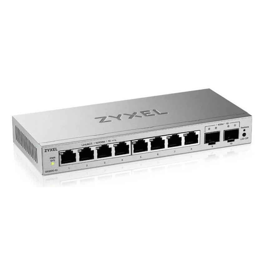 Zyxel - Switch 10 puertos GS1200-10V3 con 8xGBE RJ45 y 2xSFP para fibra, gestión web VLAN/QoS, silencioso sin ventilador y eficiencia energética 802.3az