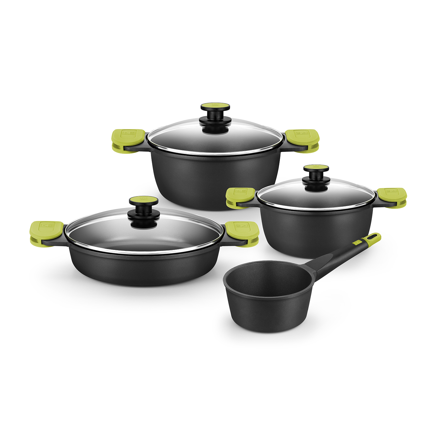 BRA Foodie – Batería de Cocina 7 Piezas de Aluminio Fundido con Antiadherente Tricapa sin PFOA – Apta para Inducción y Horno – Con Tapas de Cristal y Asas de Silicona Verdes – Diseño Moderno y Resistente