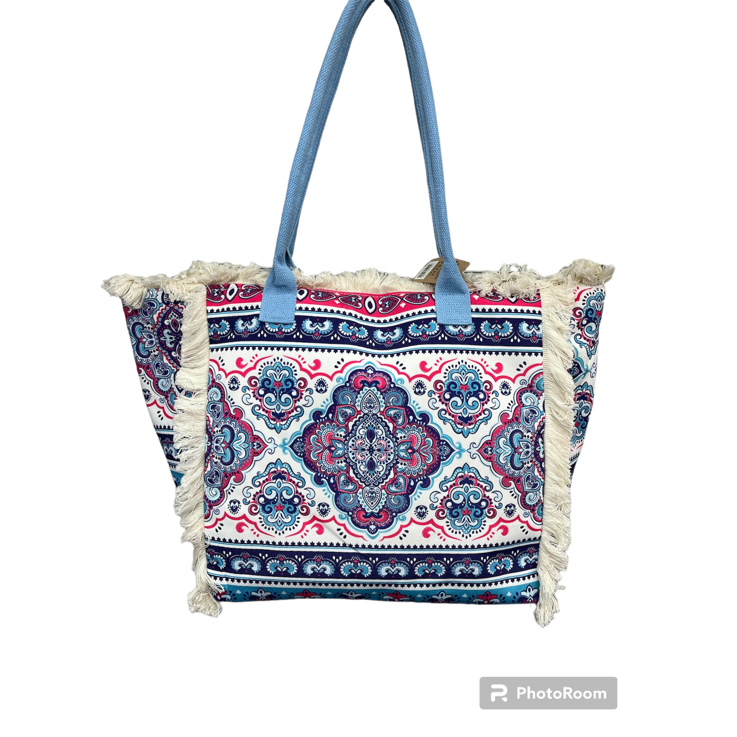 MEJORADA Bolso de playa o piscina grande con estampados del estilo original con fleco de borla blanco de algodon,tamaño 55*37*19CM.contiene bolsillos interior y forros.tejido 100% poliéster