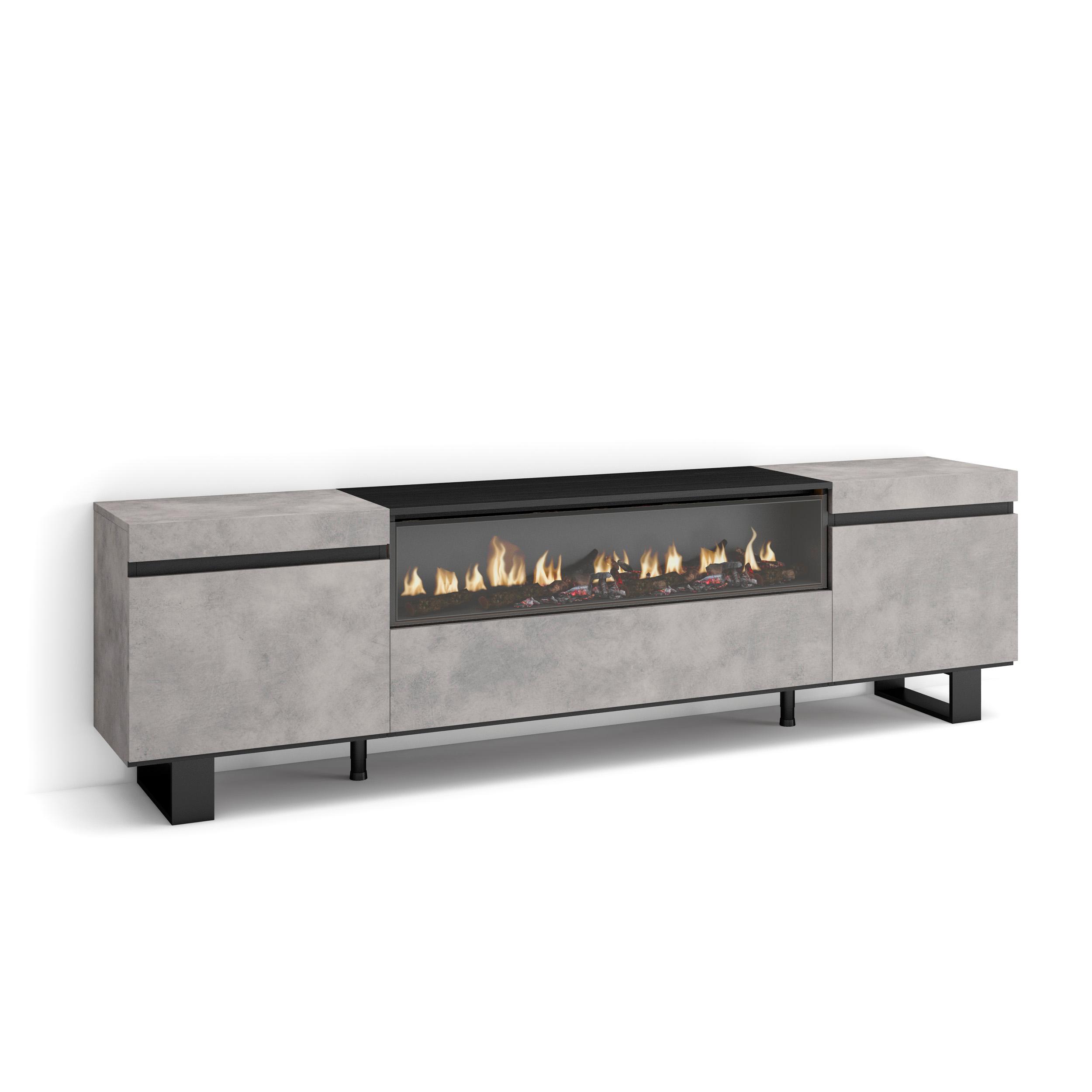 Skraut Home, Mueble de Televisión en melamina de alta calidad, 203x35x57cm, Fuego led efecto 3d, Veteado de madera, Tacto poroso
