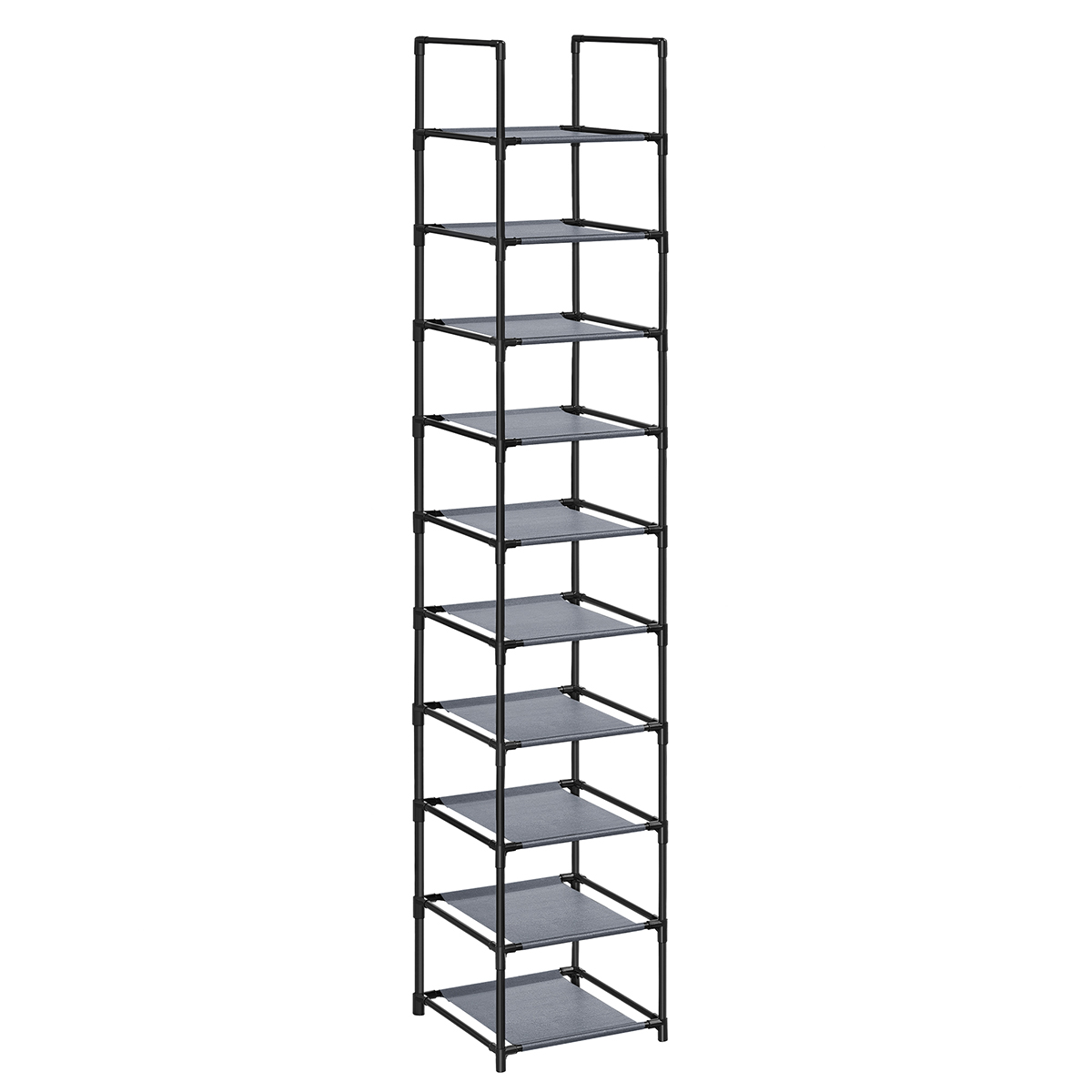 SONGMICS Zapatero_ Organizador Zapatos_10 Baldas_ Zapatero Abierto Estrecho_ 33 x 33 x 173 cm_ Marco de Metal_ Estantes de Tela no Tejida_ para Pasillo_ Dormitorio_ Negro/Gris