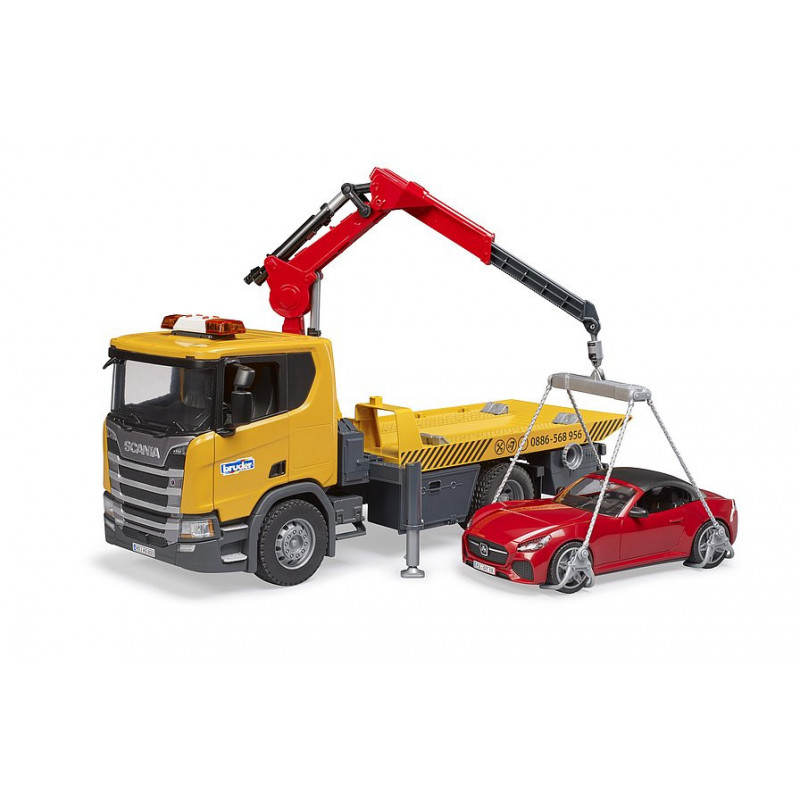 Bruder Camión-grúa Scania Super 560R con Luces y Sonido - Vehículo de Construcción Resistente y Cómodo