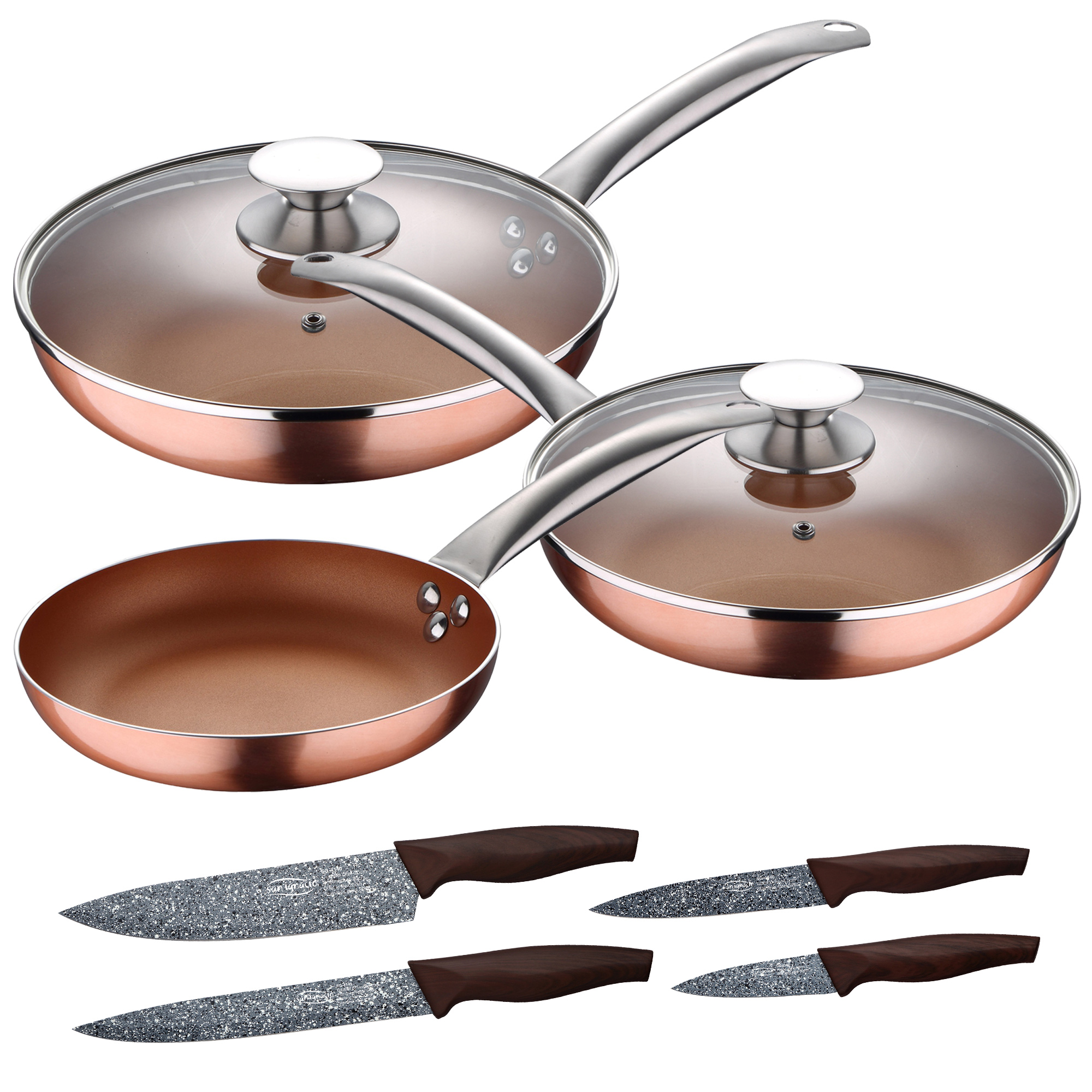 San Ignacio Set 5 Piezas Sartenes Aluminio Prensado con Tapas y Set 4 Cuchillos Acero Inoxidable