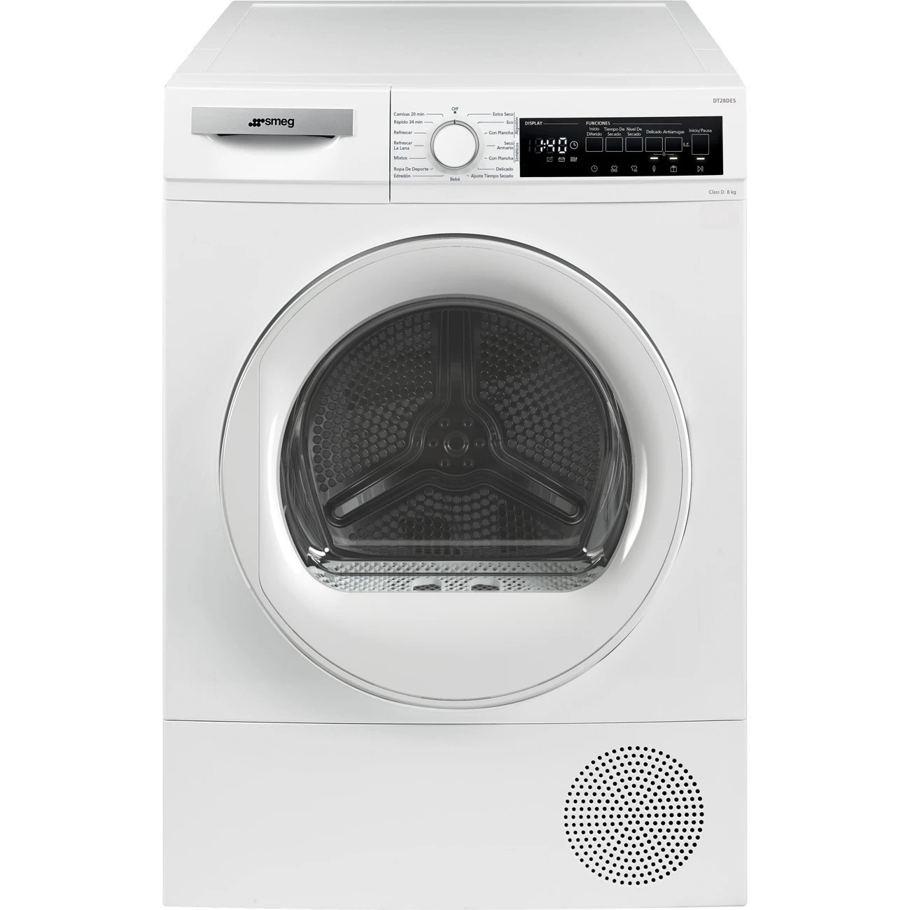 Secadora Smeg DT28DES 8Kg Bomba de Calor Clase D | Blanca, Secado por sensores, Programa especial Lana, Solo depósito, Display externo LED