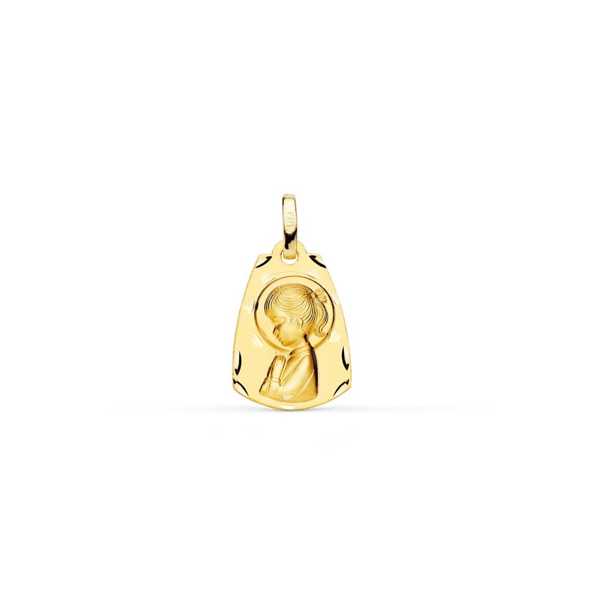 Virgen Niña medalla oro 18k Primera Comunión 19 mm. mate brillo detalles tallados