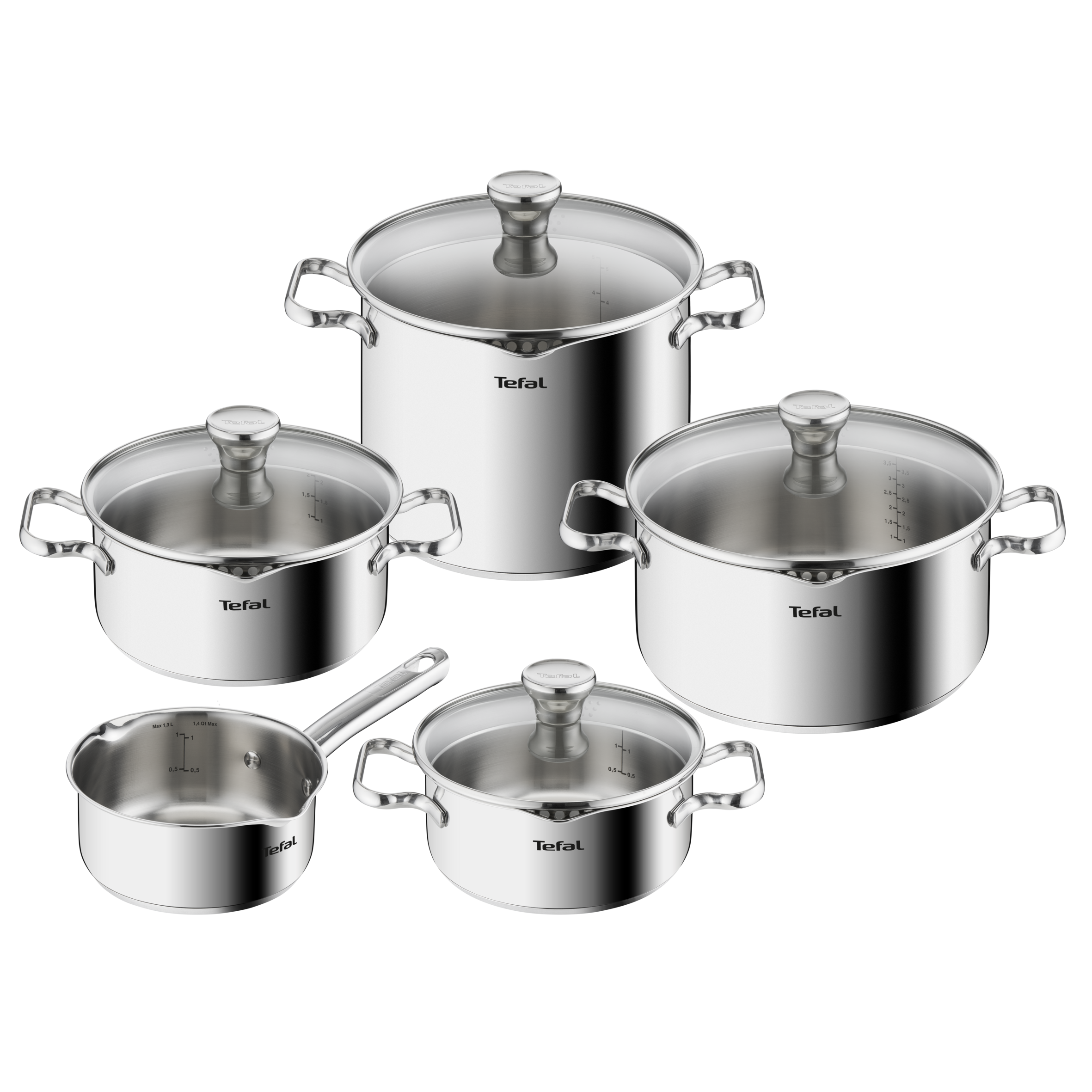 Duetto On de Tefal, Batería de Cocina, Juego de 9 piezas, Cazo 16 cm, Ollas 18/20/24 cm + tapas, Pastapot 22 cm + tapa, Tapas Smart, Acero inoxidable 18/10, Base de 3 capas, Olla