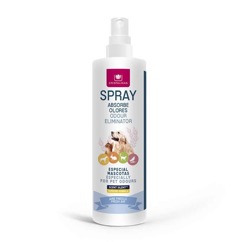 CRISTALINAS Spray absorbe olores para mascotas 100ml. Elige tu aroma favorito: Aire Fresco, Frutos Rojos, Aroma a Limpio, Jardín, Jazmín