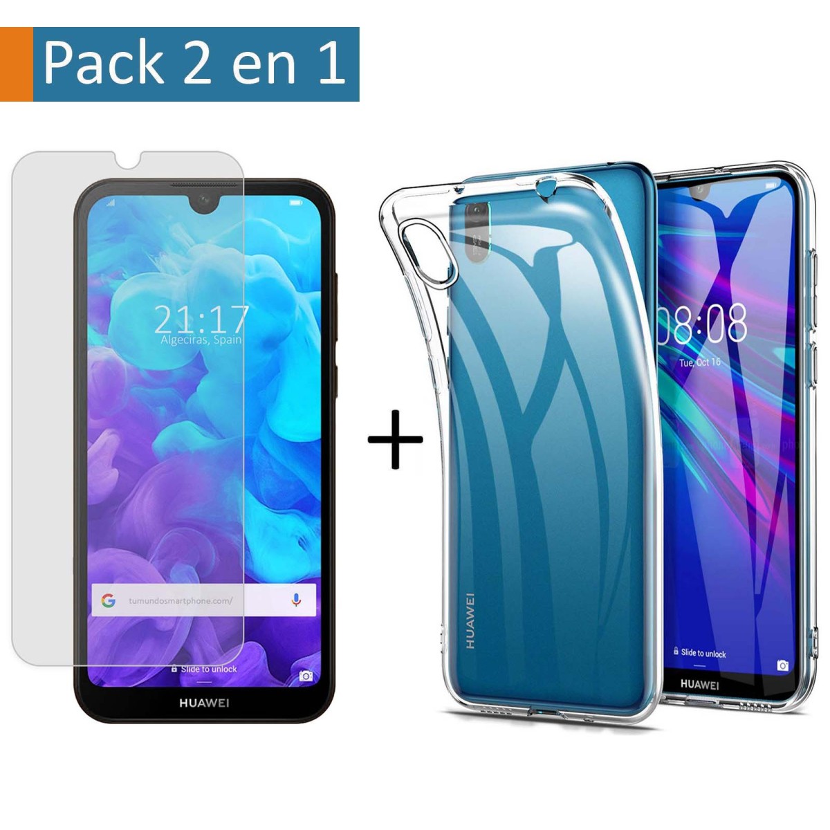 Tumundosmartphone Pack 2 En 1 Funda Gel Transparente + Protector Cristal Templado para Huawei Y5 2019