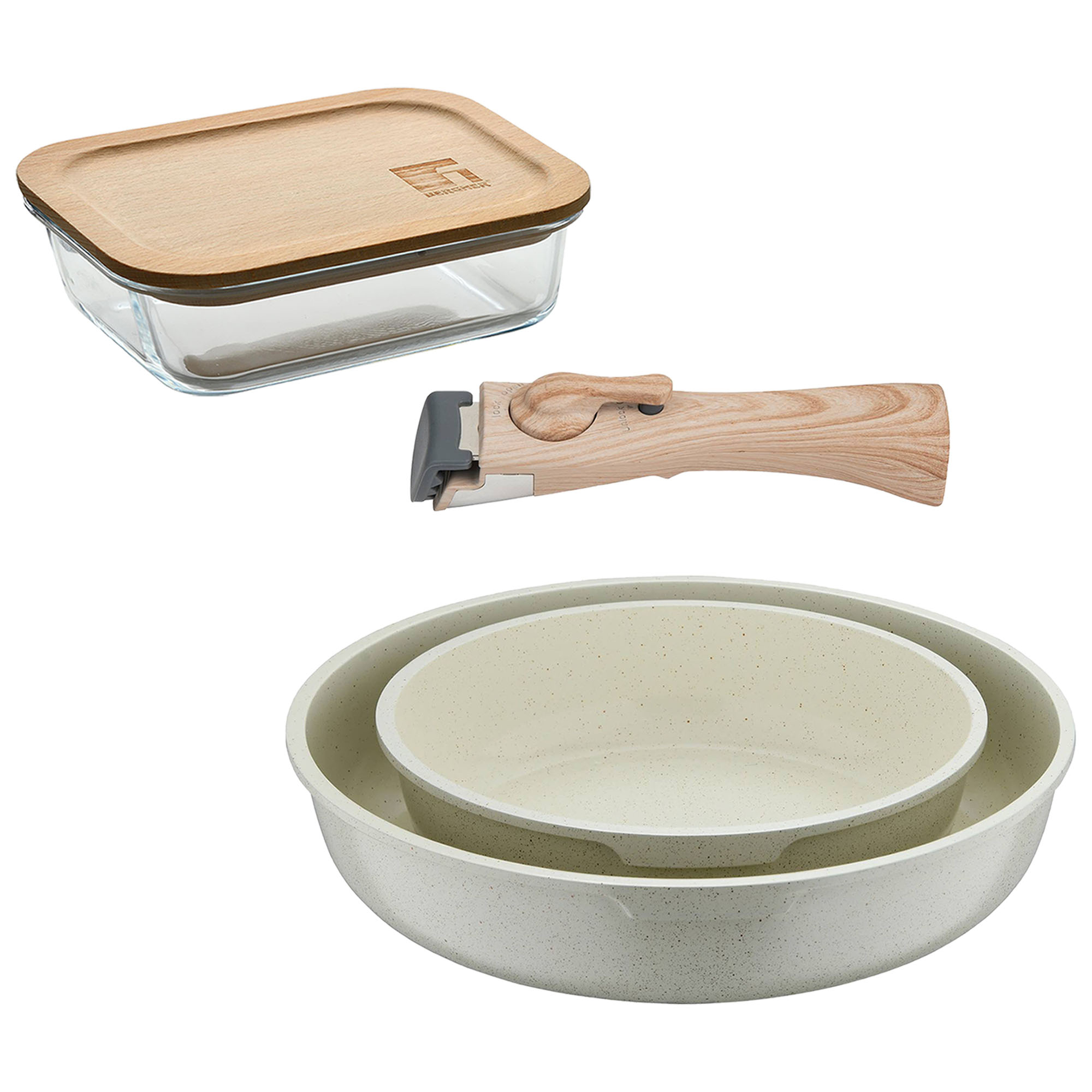 Bergner Click&Cook Juego de 2 Sartenes Ø22Ø26cm Aluminio fundido Blanco con Mango desmontable+Delantal de Cocina Gris oscuro 100% Algodón 75x80cm