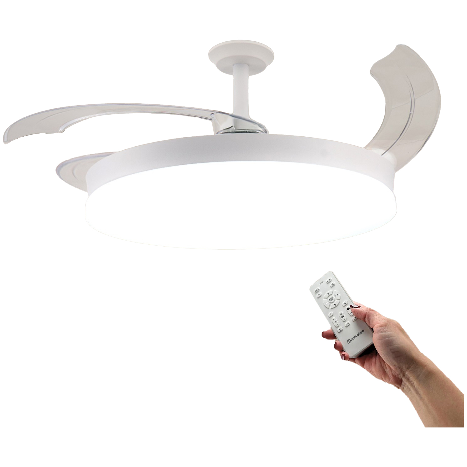 Mimotec Ventilador de Techo LED Guadix ø107 cm - Potencia Luminaria 36 Potencia Máx. Motor 30 Luminosidad 4000 Motor DC Ruido 14 / 17 / 24 / 30 / 32 / 32 dB Ángulo 120° Vida Útil 30000 Dimensión 1070 (Aspas Desplegadas) X480H mm