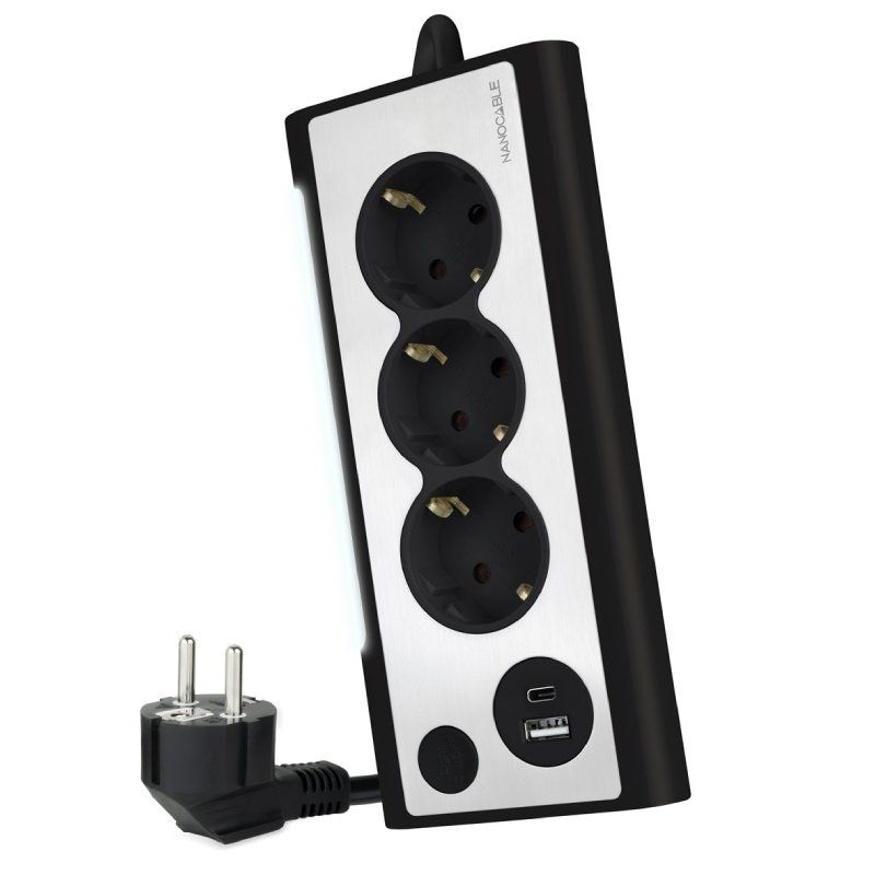 Nanocable regleta de sobremesa con 3x shuckos, 1x usb-c y 1x usb-a - iluminacion led con interruptor - cable de 1.50m