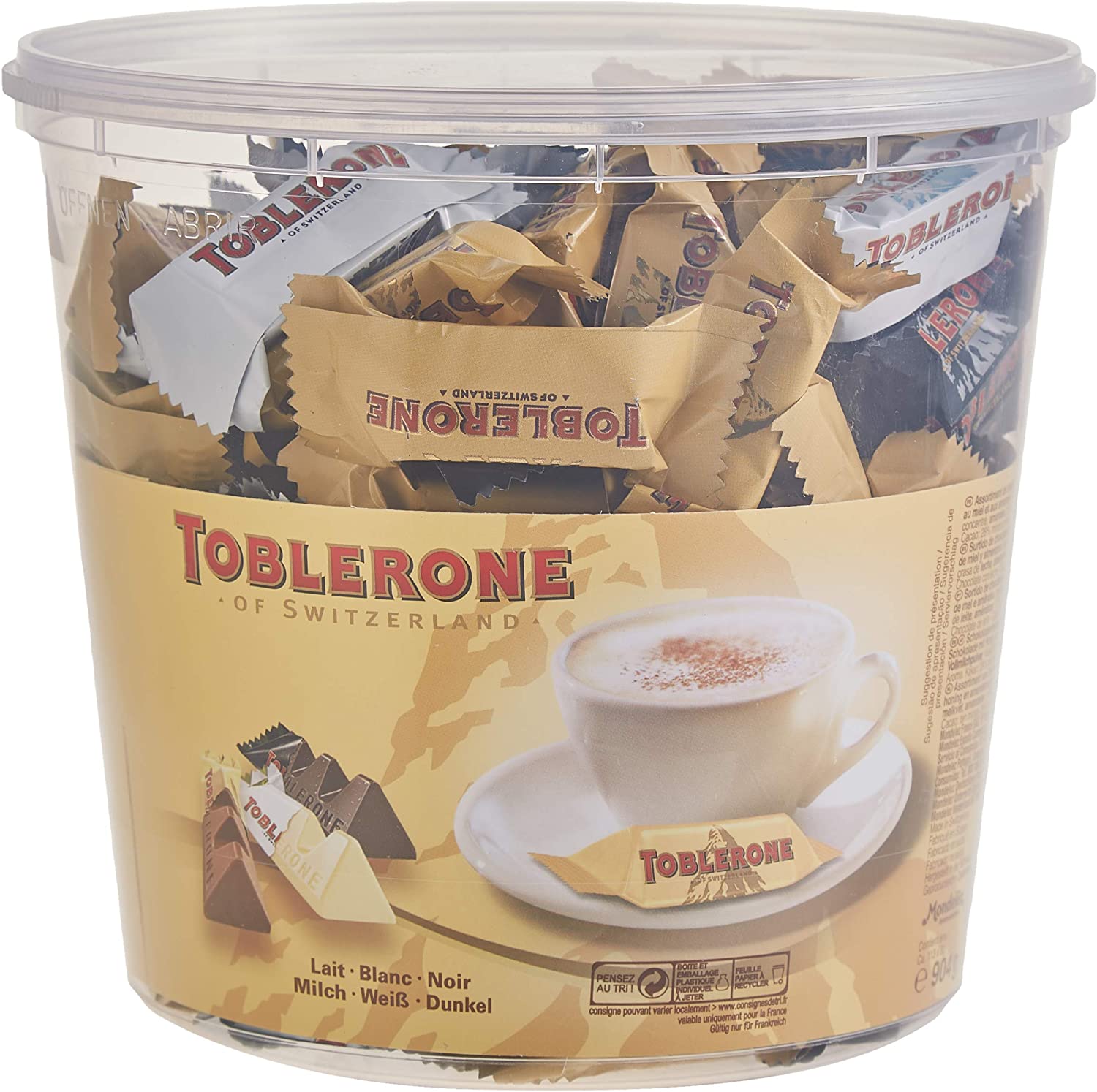 Toblerone - Toblerone mini mix - Surtido de barritas toblerone en tamaño mini en sus tres variedades: chocolate con leche, negro y blanco. Cada barrita va envuelta individualmente. Se sirven en un cubo de plástico re utilizable con tapadera con 113 unidades.
