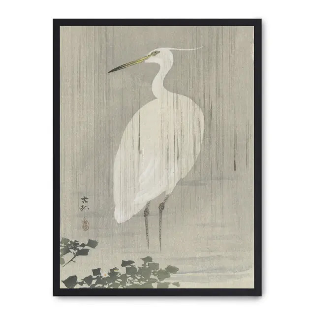 Cuadro white egret 30x40cm, Póster impreso en papel de primera calidad de 180gr, montado sobre marco de madera MDF acabado en negro., Arte - Japonés