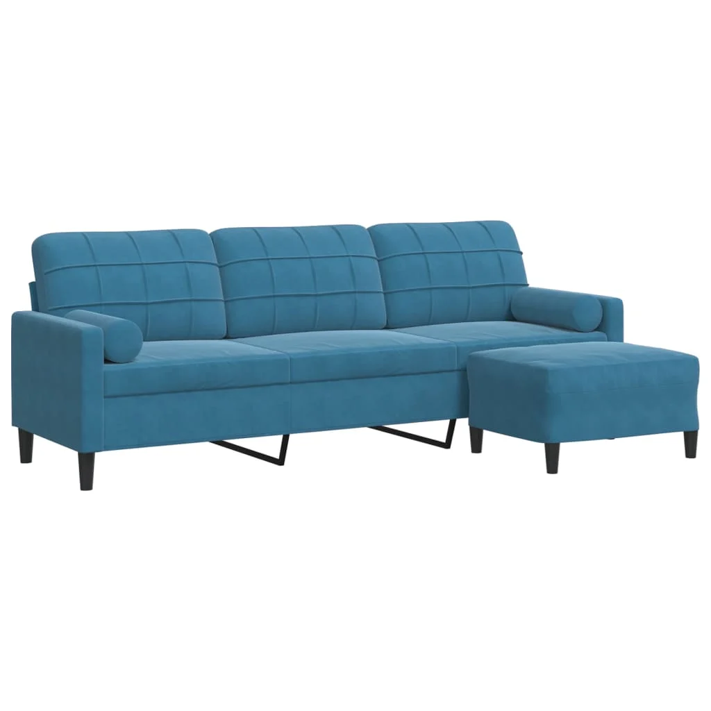 Sofá de 3 plazas con taburete de terciopelo azul 226 x 77 x 80 cm (ancho x profundo x alto)